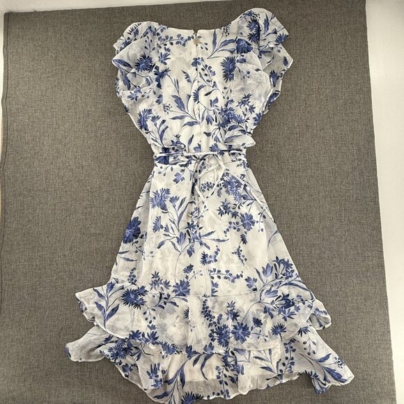 Tommy Hilfiger Ruffled Dress White & Blue V-Neck Tie Belt Lined Size 6 cap sleev - Picture 9 of 14